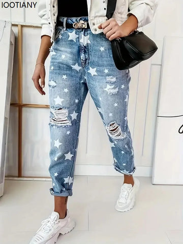 Boyfriend Jeans Women's Slim Fit Ripped Jeans Women's Five-pointed Star Ripped Jeans Street Casual Blue Jeans