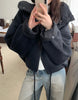 Solid Wool Coat Women Casual Hooded Y2k Loose Zipper Blends Cardigan Full Sleeved Thick Warm Outwear Jackets Autumn Winter
