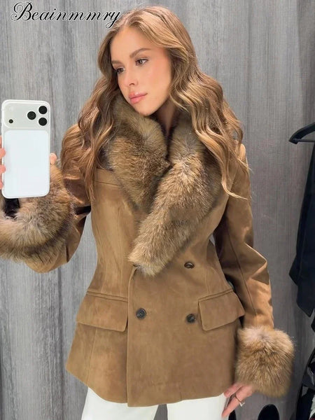 Women Suede Faux Fur Trim Jacket Fur Lapel Collar Cuffs Double Breasted Fitted Waist Long Sleeve Coats Vintage Warm Winter Coat