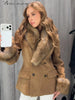 Women Suede Faux Fur Trim Jacket Fur Lapel Collar Cuffs Double Breasted Fitted Waist Long Sleeve Coats Vintage Warm Winter Coat