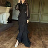 Woman Sexy O Neck Layered Ruffles Long Dresses Elegant Solid High Waist Chiffon Party Dresses Autumn Long Sleeve Slim Boho Dress