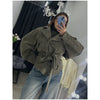 Solid Tie Waist Cinching Suede Jackets Women Chic Stand Up Collar Loose Crop Short Coats Lady Autumn Commute Daily Outfit