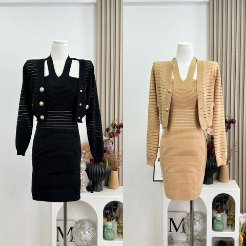 Commuter Knitted Dress Spring Autumn Elegant Two Pieces Set Hip-wrapped Short Striped Cardigan And Dress J408