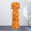 Elegant Ruffle Women's Long Dresses V Neck Half Sleeve Button Waist Cinching Pleated Dress Spring Lady Party Robes