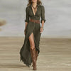 Woman Dresses French Retro V Neck Belted Slim Pleated Long Dress Autumn Single Breasted Long Sleeve Slit Bohemian Dress