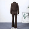 Zipper Plush Jacket Long Pants Lady Set Solid Color Lapel Jackets High Waist Slim Bell-Bottom Trousers Casual Women's Sets