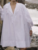 Women's White Stand Collar Pleated Mini Dresses Long Puff Sleeves Buttoned Oversized Casual Cotton Shirts Dress