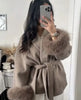 Elegant Lace Up Woolen Short Coat Solid Loose Lapel Furry Long Sleeve Belt Waist Jacket Spring Autumn Lady Chic Cardigan