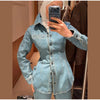 Women's Denim Lace Up Jacket Lapel Neck Waist Cinching Button Front Long Sleeve Coat Spring Femlae Casual Daily Outerwear