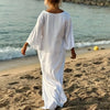 Plus Size Women's White V-Neck Batwing Sleeve Loose Maxi Dress - Beach Vacation Cover-Up Style (0XL-4XL)