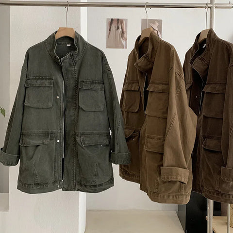Autumn Korean Style Vintage Stand-up Collar Washed Denim Safari Style Casual Jacket for Women Pockets Simple Coats