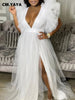 Women Cascading Ruffles Shoulder High Side Split Mesh Patchwork Maxi Long Dress sexy even Party Vestidos Dresses