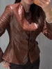 Women's Crocodile Embossed Short Jacket Round Neck Long Sleeve Single Breasted Coat Vintage Y2K Streetwear Autumn Casual Outfit