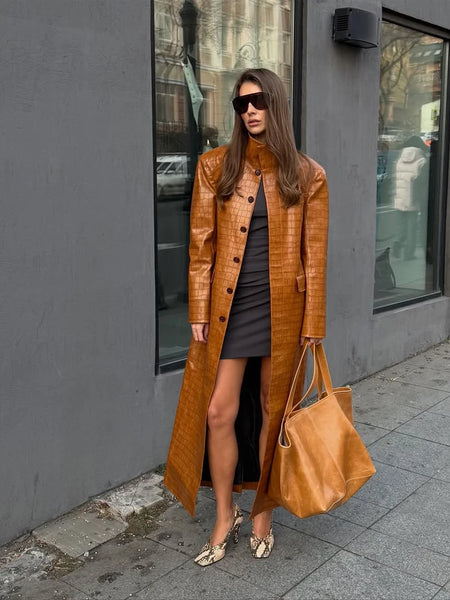 Brown Crocodile Embossed Faux Leather Trench Coat Lapel Single Breasted Straight Front Pockets Jacket Women Autumn Winter Fits