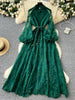 Spring Autumn European American Stand Up Collar Single Breasted Lace Dress Women Elegant Embroidery Large Swing Long Dress C205