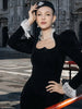 Full Sleeve Lace Patchwork Velvet Maxi Dress Women Elegant Stand Collar Puffed Slim Long Sexy Gowns Lady Evening Dinner Dresses