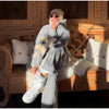 Women Color Block Spliced Ski Set Fleece Lined Stand Collar Zip Jacket Multi‑Pocket Wide Leg Trousers Winter Outfit
