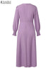 Elegant Women Pleated Dress Classy Smocked Cuffs Long Sleeve O Neck Fit and Flare Long Vestidos Commute Solid Party Robes