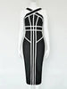 Classic White And Black Stripes Bandage Long Evening Dress Contrast Vintage Woman Bodycon Elastic Dress Slim Midi