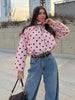 Women Elegant Polka Dot Pink Jacket Single Breasted High Collar Drawstring Coat Spring Lady Street Outwear