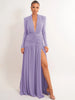 Women Glitter Maxi Evening Dress Deep V Neck Long Sleeve Ruched High Slit Formal Party Dress For Wedding Guest Prom