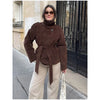 Brown Suede Belt Short Trench Coat Women High Funnel Collar Epaulet Raglan Sleeve Waist Tie Coats Vintage Autumn Commuter Jacket