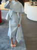 Light Blue Cape 3 Piece Outfit Women Solid Slim Blouse Asymmetrical Hem Midi Skirt Lady Formal Office Matching Set