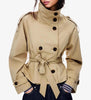 Women's Solid Color Trench Coat Stand Collar Double Breasted Waist Tie Elegant Commuter Casual Loose Comfortable Warm Outfit