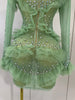 Sexy Mesh Ruffled Sparkly Rhinestones Long Sleeves See Through Mini Dress Women Eveing Party Birthday Dance Nightclub Stage Wear