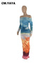 Women Gradient Tie Dye Printed Off Shoulder Long Sleeve Maxi Long Midi Bodycon Ruched Dress Sexy Party Club Dresses