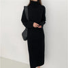 Autumn Winter Loose Turtleneck Women's Knitted Long Dresses Long Sleeve Vintage Straight A-line Dress Female
