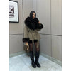 Retro Solid Fur Patchwork Woolen Coats Women Chic Full Sleeve V-neck Lace Up Loose Overcoat Lady Winter Commute Outwear