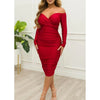 Women Off Shoulder V-neck Ruched Stacked Bodycon Midi Dress Autumn Winter Long Sleeve Party Club Prom Vestidos