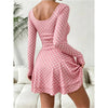 Autumn Polka Dot Print Square Neck Long Sleeve Women's Dress Waist Cinched A-Line Mini Skirt Length Sexy