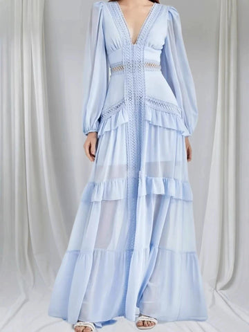 Temperament Elegant Women's Long Dresses Solid Color Hollow Out Lace Patchwork V-neck Lantern Sleeves Evening Dress Female