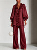 Women 2 Piece Outfit Satin Ruffle V‑Neck Lantern Sleeve Blouse High Waist Wide-leg Pant Set Elegant Party Evening Two‑Piece Suit