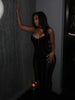 Women Black Velvet Sheer Maxi Dress Sexy Chic Mesh Patchwork Off-shoulder Waist Cinching Slim Maxi Dresses Club Party Gowns