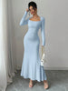 Elegant Long Sleeve Fish Tail Dress Women's Slim Fit Sexy Gown Full Length Ankle Skirt Regular Waistline