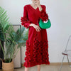 Spring Solid Pleated Dress Ruffle Edge V-Neck Long Sleeved with Belt Dresses Elegant Women's Clothing 6RG72391