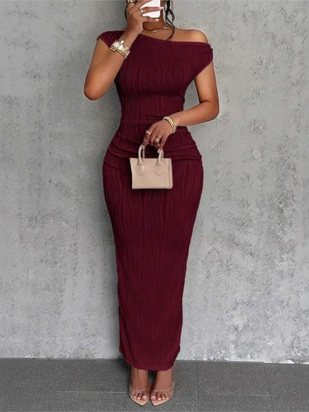Water Ripple Slanted Shoulder Dress Women's Elegant And Simple Solid Color A-line Collar Mid-waist Sexy Hip Wrap Skirt