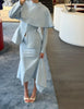 Light Blue Cape 3 Piece Outfit Women Solid Slim Blouse Asymmetrical Hem Midi Skirt Lady Formal Office Matching Set
