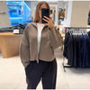 Women Solid Cropped Zip‑Up Knit Jacket Stand Collar Zipper Long Sleeve Loose Short Sweater Autumn Casual Commute Outerwear