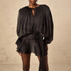 French Style Bubble Sleeve Mini Dress Woman Ruffle Solid Bright Satin Party Dress Spring Tie-up O Neck Pleated Dress