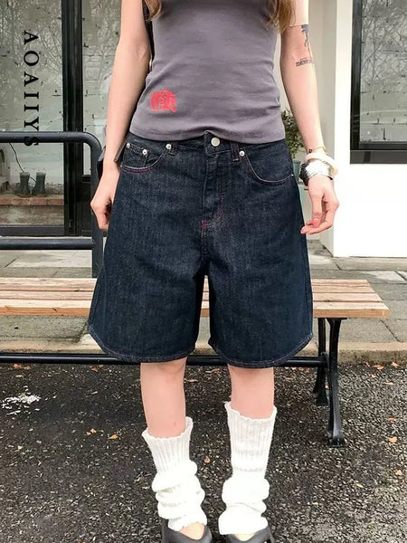 Aoaiiys Black Jeans Women Denim Shorts Retro Jorts Punk Jean Shorts Y2K 2000s Harajuku Calf-Length Pant Japanese High Street