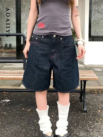 Aoaiiys Black Jeans Women Denim Shorts Retro Jorts Punk Jean Shorts Y2K 2000s Harajuku Calf-Length Pant Japanese High Street