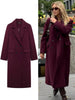 Women Burgundy Coat Double Breasted Long Sleeve Lapel Blends Jacket Autumn Winter High Street Outerwear