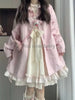 Japanese Sweet Lovely Bow Apricot Dress Set Women Kawaii Lace Puff Sleeve Dresses Vintage Chic Pink Knit Cardigan