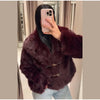 Elegant PU Fur Patchwork Jacket Women Loose Detachable Collar Lapel Double Breasted Jackets Female Winter Warm Outwear