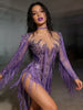 Women Sparkly Diamond Purple Tassel Long Sleeves Mesh See Through Dress Latin Dance Outfits Bar Nightclub Party Club Stage Wear