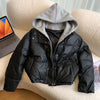 Hooded Short Parkas Women Black Patchwork Puffer Jacket Winter Streetwear Down Coats Korean Cotton Padded Outerwears